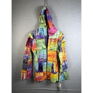 Happy Colors Jacket Womens Large Multicolor Hooded Patchwork Boho Hippie NWT